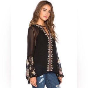Love Sam Paisley-Embroidered Long-Sleeve Top, Black (L)